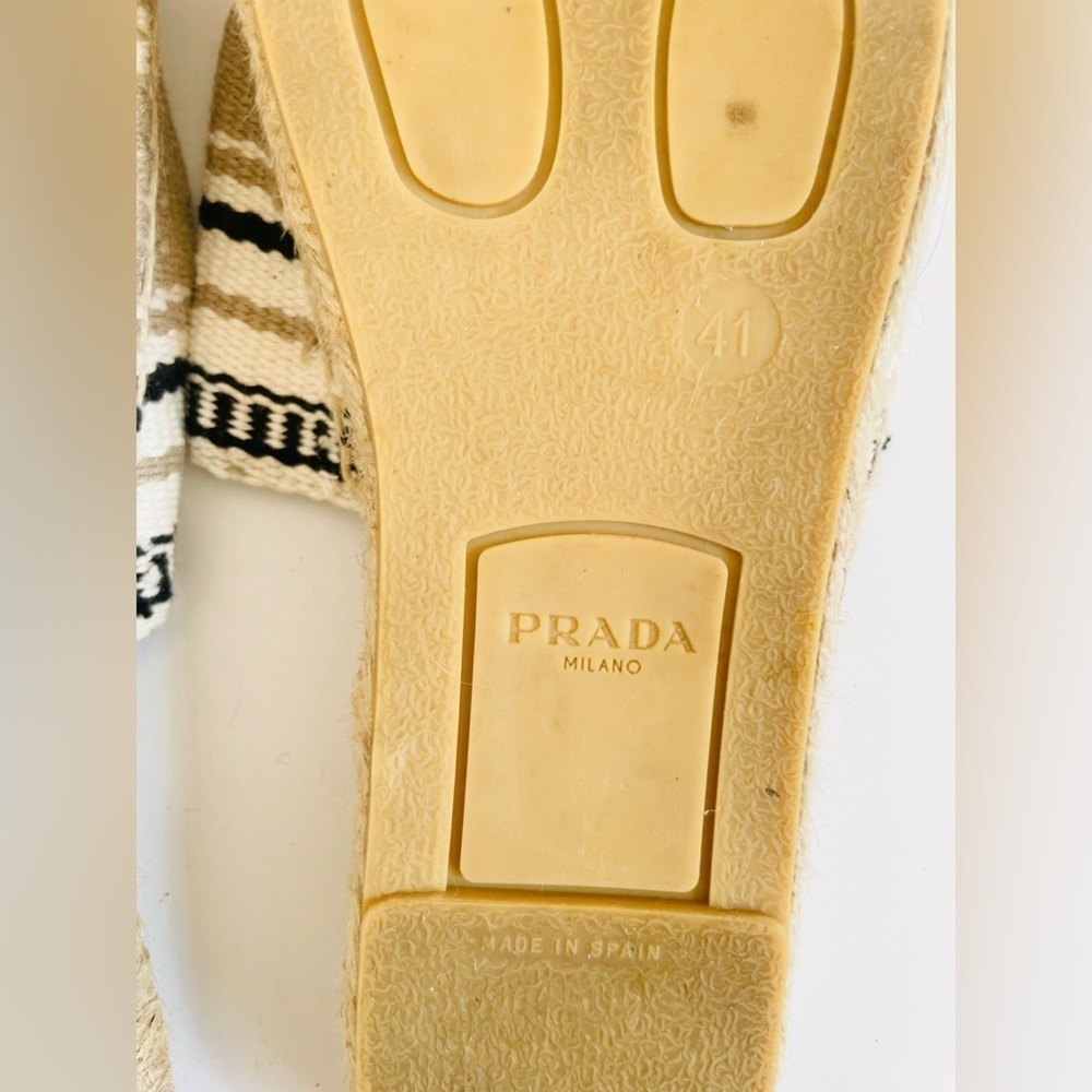 Prada Beige Black stripe cloth logo embroidered slip on flat mules EU 41 - Picture 7 of 9